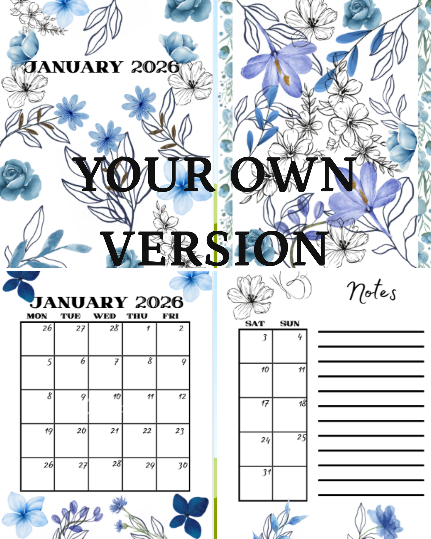Editable Floral Calendar 2026/ Notes & Monthly Layout - The DesigNova